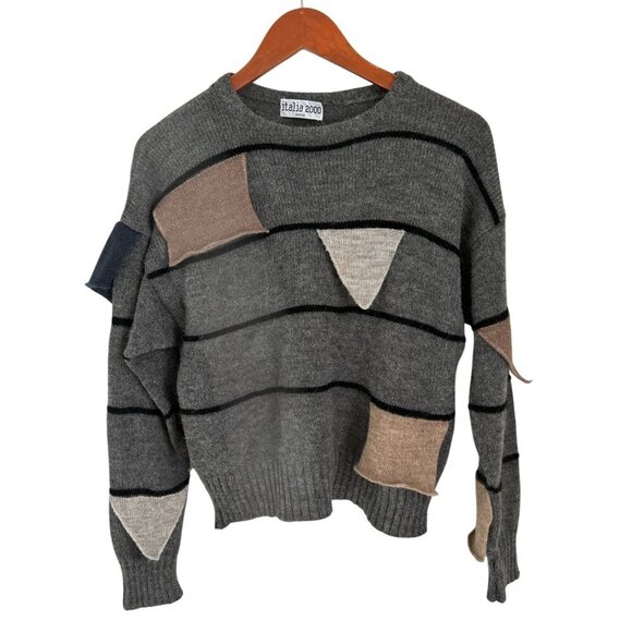 Italia 2000 Gray Patchwork Wool Knit Sweater With Abstract Shapes & Stripes Desi - Picture 1 of 8
